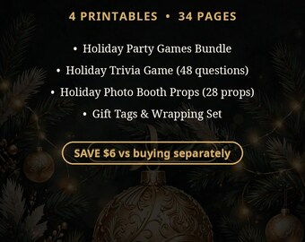Paquete imprimible para fiestas navideñas, 4 unidades: juegos de fiesta, trivia, accesorios para fotomatón, etiquetas de regalo (PDF).