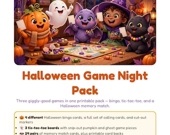 Pack de juegos de Halloween para niños, juegos imprimibles para fiestas, bingo, tres en raya, memoria, descarga instantánea.
