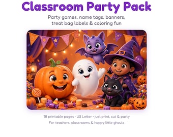 Paquete para fiesta de Halloween en el aula, juegos imprimibles, etiquetas con nombres y decoraciones para profesores, descarga en PDF.