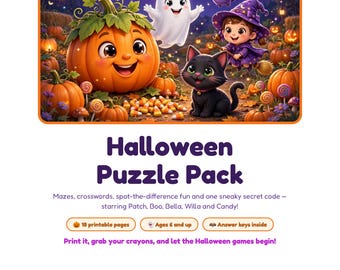 Paquete de rompecabezas de Halloween para niños, laberintos imprimibles, crucigramas, encuentra las diferencias, descarga instantánea en PDF.