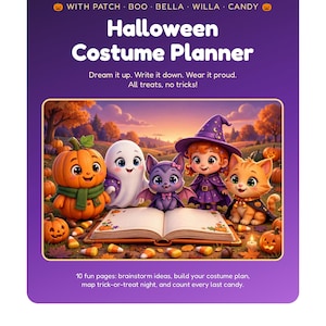 May include: A purple Halloween Costume Planner with text reading "WITH PATCH · BOO · BELLA · WILLA · CANDY", "Halloween Costume Planner", "Dream it up. Write it down. Wear it proud. All treats, no tricks!", and "10 fun pages: brainstorm ideas, build your costume plan, map trick-or-treat night, and count every last candy." The cover features an illustration of a pumpkin, ghost, bat, witch, and cat around an open book.
