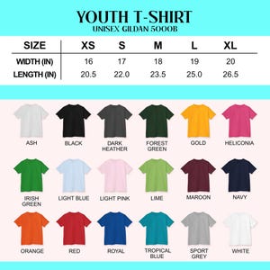 May include: A chart displaying youth t-shirts in various colors, including ash, black, dark heather, forest green, gold, and heliconia. The chart also shows size measurements in inches for width and length, ranging from XS to XL.
