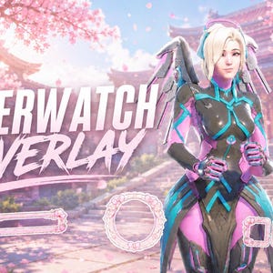 Könnte beinhalten: Ein Overwatch Overlay-Grafik mit einer Figur in futuristischer Kleidung, vor dem Hintergrund von Kirschblüten und traditioneller japanischer Architektur. Der Text "OVERWATCH OVERLAY" ist prominent dargestellt. Dekorative Rahmen sind ebenfalls zu sehen.