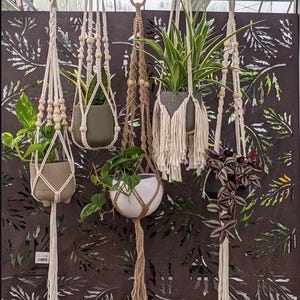May include: A collection of hanging macrame plant holders with various potted plants. The holders are made of natural-colored rope and feature wooden beads. The plants include green and purple foliage, displayed against a dark brown, leaf-patterned backdrop.