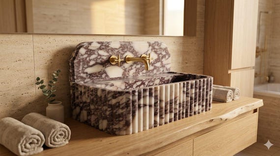 Custom Size Ribbed Design Calacatta Viola Marble Basin with Backsplash, Handcrafted Fluted Elegance Wall Mount Sink