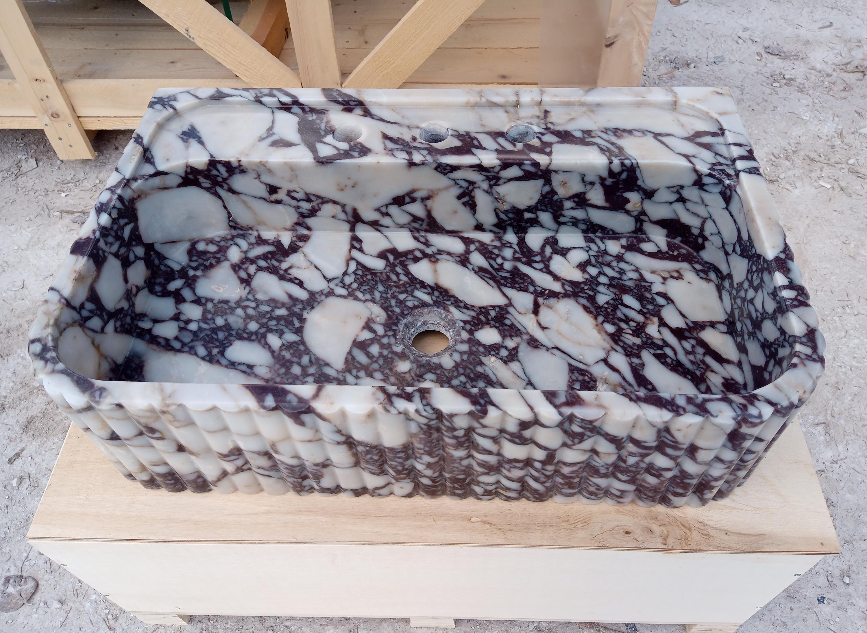 Custom Calacatta Viola Ribbed Design Marble Sink Bespoke Stone Basin ...