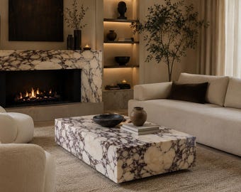 Luxury Calacatta Viola Block Marble Coffee Table | Handmade Stone Centre Table