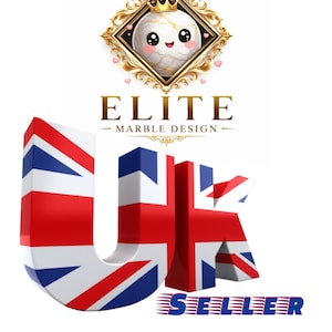 May include: A graphic logo featuring a white marble sphere with a cute face wearing a gold crown inside a gold frame, above the text ELITE MARBLE DESIGN. Below, large 3D letters spell UK with the Union Jack flag pattern, and the word SELLER in blue.