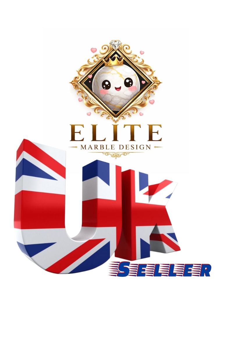 May include: A graphic logo featuring a white marble sphere with a cute face wearing a gold crown inside a gold frame, above the text ELITE MARBLE DESIGN. Below, large 3D letters spell UK with the Union Jack flag pattern, and the word SELLER in blue.