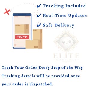 May include: A graphic illustrating order tracking with a smartphone displaying a package and the word "TRACK". Text includes "Tracking Included", "Real-Time Updates", and "Safe Delivery". The image also features the text "Track Your Order Every Step of the Way".