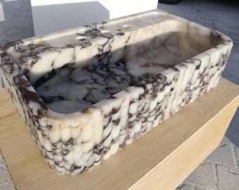 Lavabo de mármol Calacatta Viola tallado a mano a medida, lavabo de baño con vetas color burdeos, lavabo de lujo ideal para tocadores de baño.