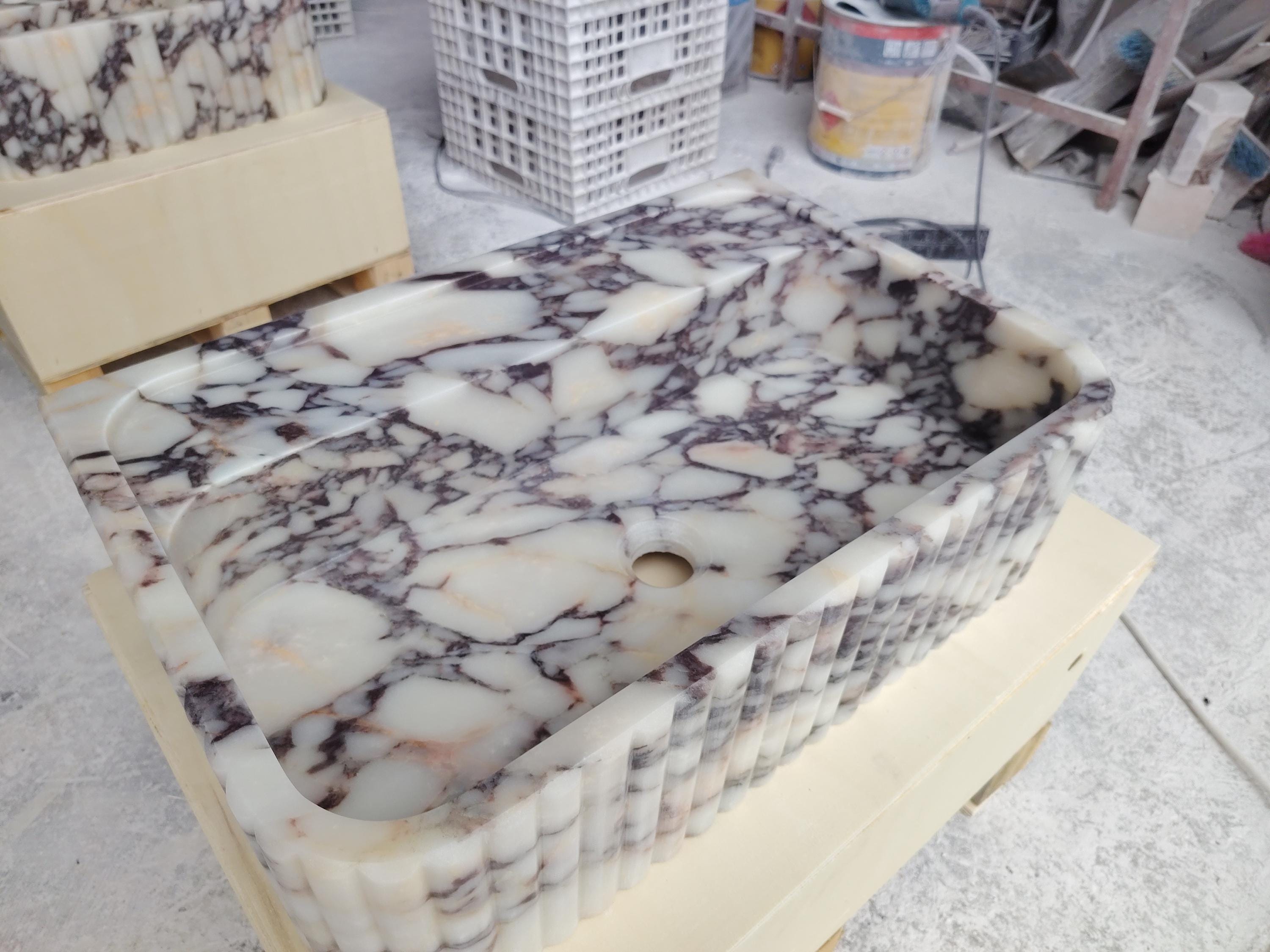 Custom Calacatta Viola Ribbed Design Marble Sink Bespoke Stone Basin ...