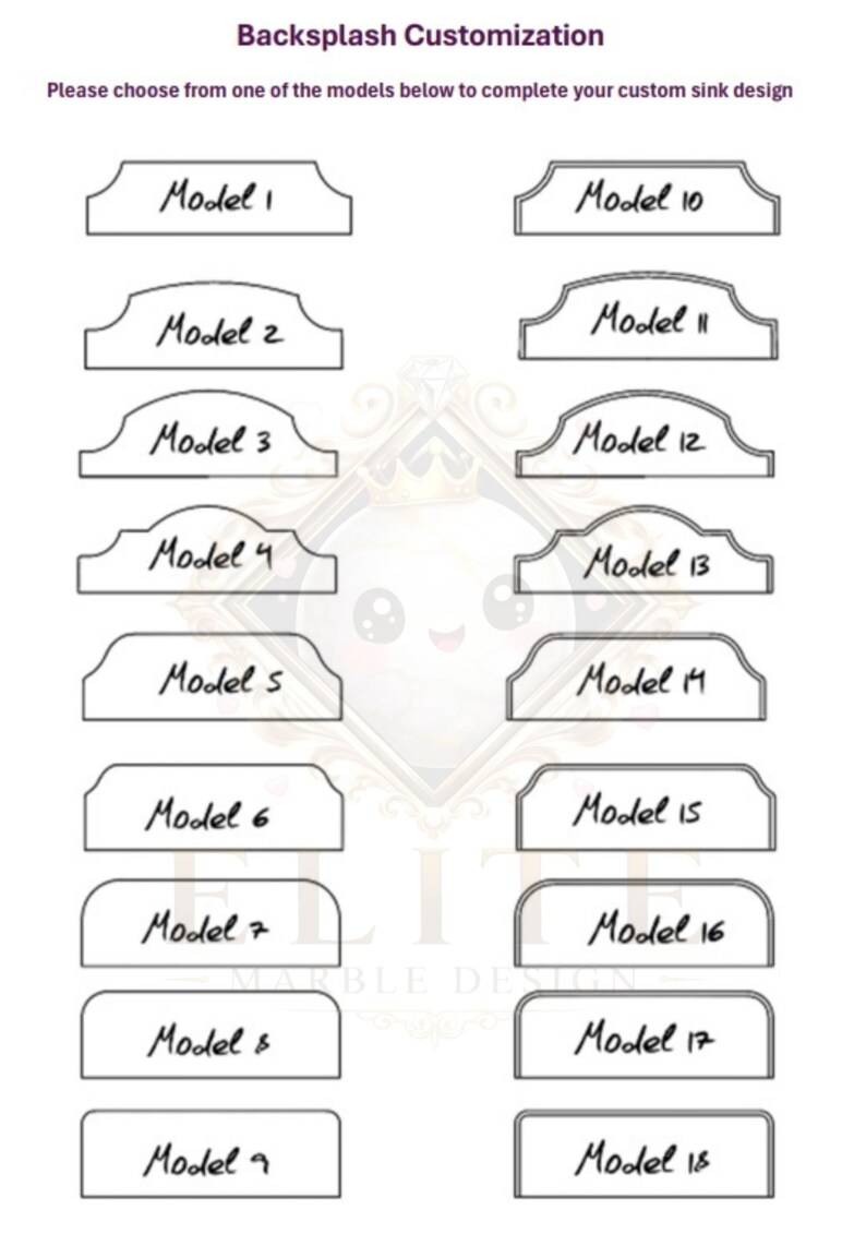 K&ouml;nnte beinhalten: Eine wei&szlig;e Grafik mit 18 verschiedenen Modellen f&uuml;r R&uuml;ckw&auml;nde, beschriftet mit Modell 1 bis Modell 18. Der Text "Backsplash-Anpassung" und Anweisungen befinden sich oben im Bild.