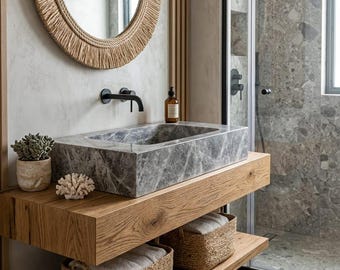 Lavabo de mármol gris tundra de lujo hecho a mano, tamaño personalizado, sin nervaduras, lavabo de alta gama.