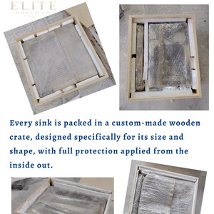 May include: Wooden crates with sinks inside, designed for maximum protection. The crates are custom-made to fit each sink perfectly. Text on the image reads "Custom-made wooden crate for each sink" and "Maximum protection."