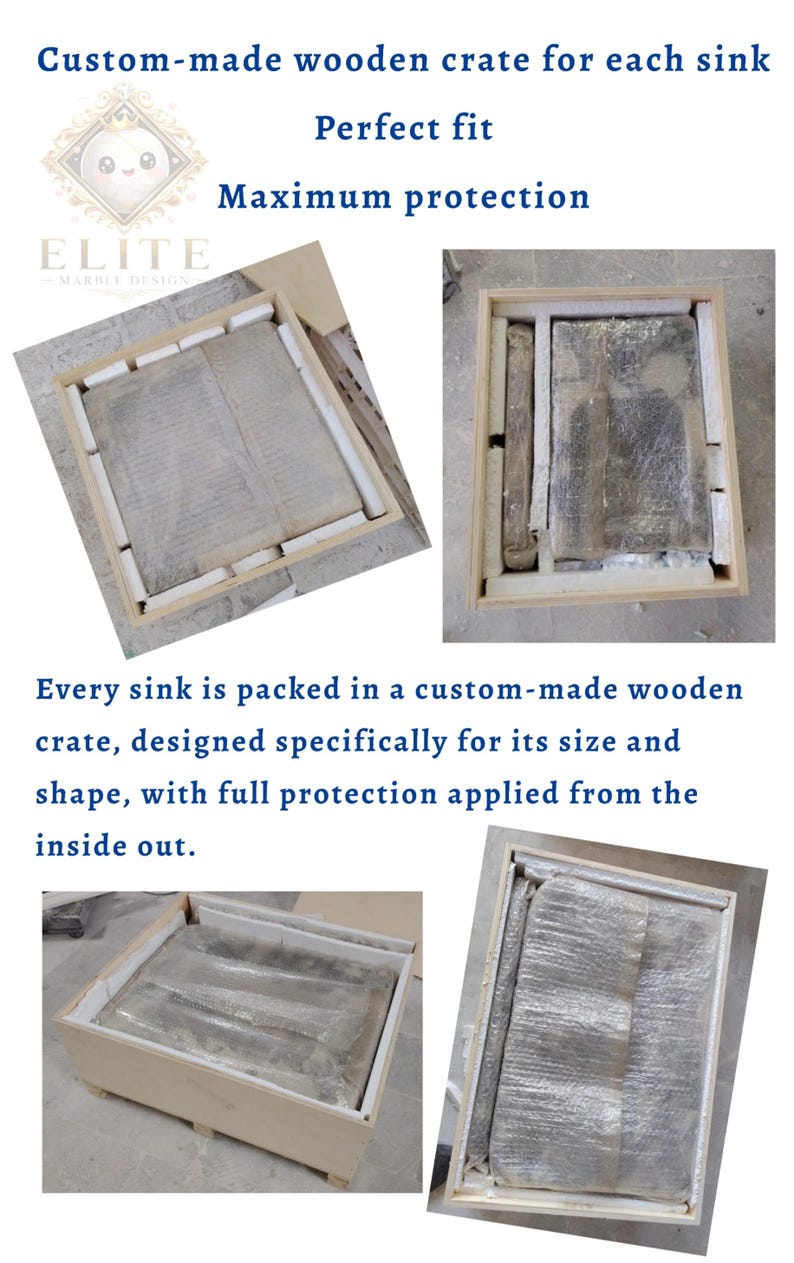 May include: Wooden crates with sinks inside, designed for maximum protection. The crates are custom-made to fit each sink perfectly. Text on the image reads "Custom-made wooden crate for each sink" and "Maximum protection."