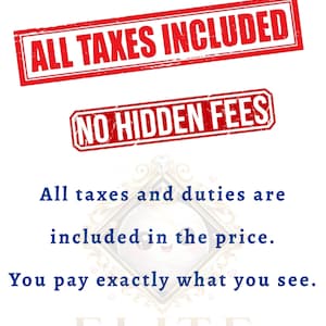 May include: Image with red text stamps reading "ALL TAXES INCLUDED" and "NO HIDDEN FEES." Below, blue text states "All taxes and duties are included in the price. You pay exactly what you see." The logo "ELITE MARBLE DESIGN" is at the bottom.