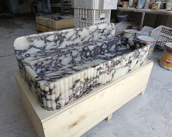Lavabo de mármol Calacatta Viola hecho a mano, lavabo de piedra natural de lujo, lavabo de baño de mármol estriado, lavabo arquitectónico a medida.