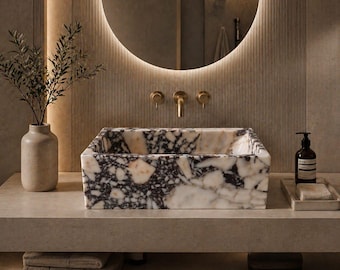 Lavabo de mármol Calacatta Viola hecho a mano a medida, lavabo de tocador de lujo de piedra plana personalizado.