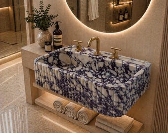 Lavabo de mármol Calacatta Viola con diseño acanalado a medida, lavabo de piedra personalizado, lavabo de tocador estriado hecho a mano.