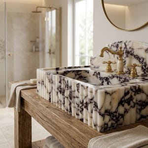 May include: A marble bathroom sink with a white and dark purple veined pattern. The sink has a gold tap and sits on a wooden vanity. A small olive tree in a terracotta pot is in the background.