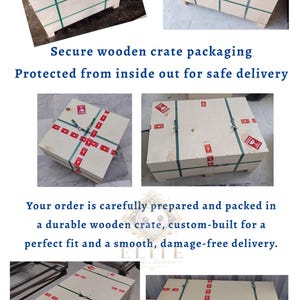 May include: A rectangular wooden crate constructed from light-colored plywood panels. The crate is secured with green plastic strapping bands and features red and white warning labels with a fragile glass icon printed on the surface.