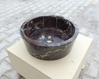 Lavabo redondo de mármol Rosso Levanto, lavabo de tocador artesanal de lujo para baño.