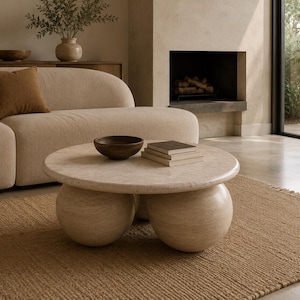 May include: A round, light beige stone coffee table featuring a smooth, circular tabletop supported by three large, spherical stone bases. A dark brown wooden bowl and a small stack of two books are placed on the surface of the table.