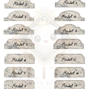 K&ouml;nnte beinhalten: Eine Sammlung von achtzehn Modellen mit Marmorstruktur, nummeriert von 1 bis 18. Die Modelle weisen verschiedene Formen auf, darunter rechteckige und geschwungene Designs. Das Wort "Model" ist handschriftlich auf jedem Design zu sehen.