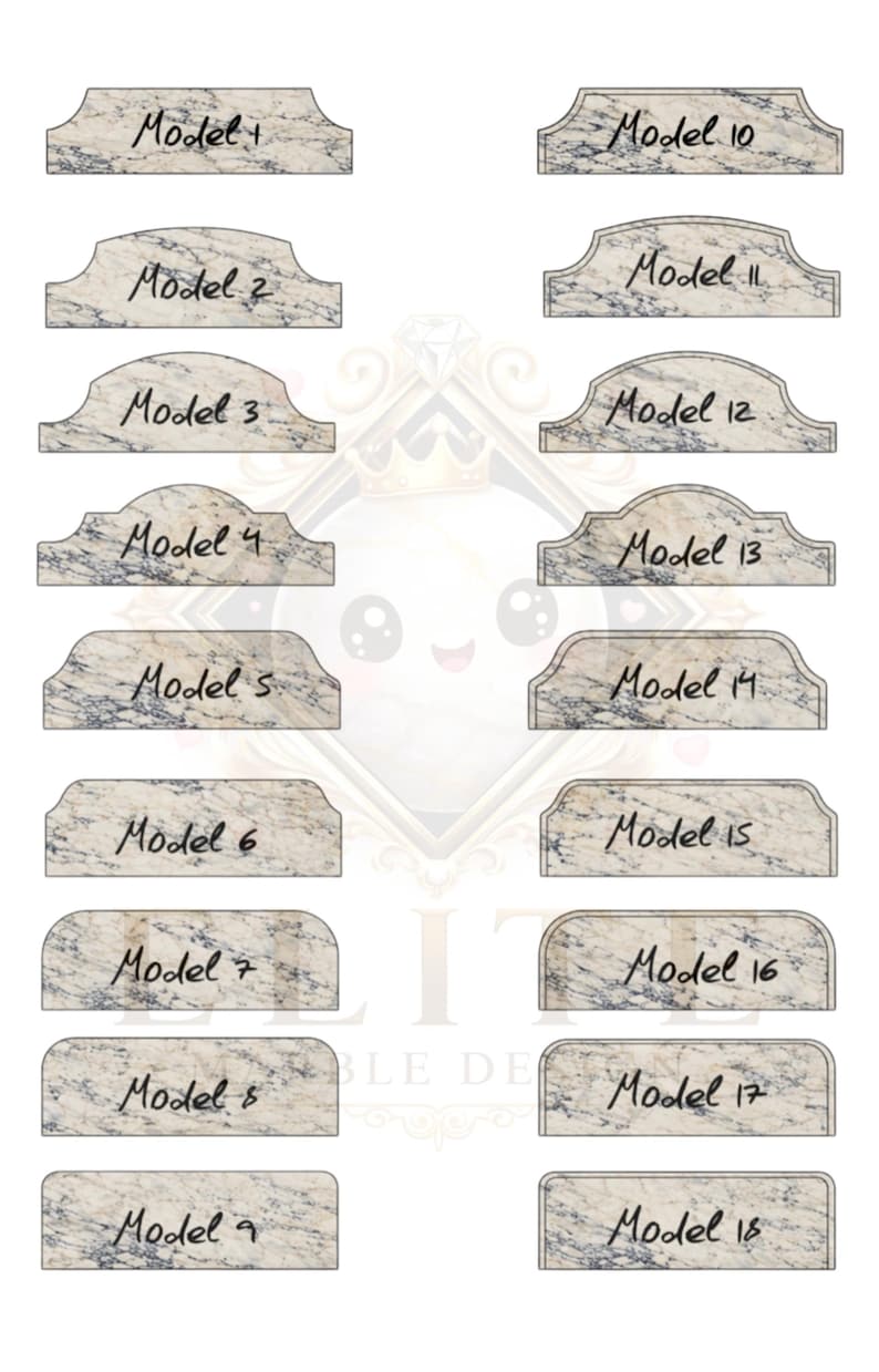 K&ouml;nnte beinhalten: Eine Sammlung von achtzehn Modellen mit Marmorstruktur, nummeriert von 1 bis 18. Die Modelle weisen verschiedene Formen auf, darunter rechteckige und geschwungene Designs. Das Wort "Model" ist handschriftlich auf jedem Design zu sehen.