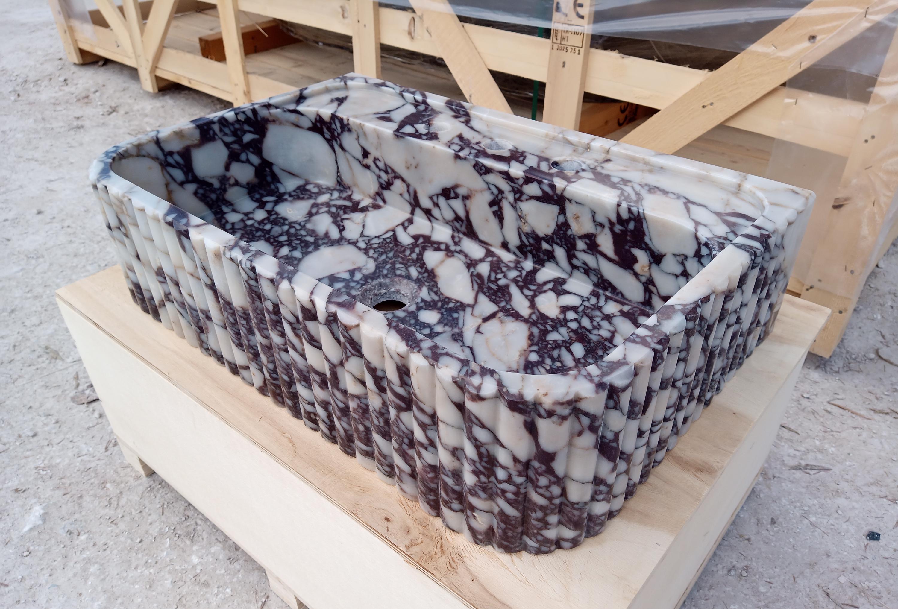 Custom Calacatta Viola Ribbed Design Marble Sink Bespoke Stone Basin ...