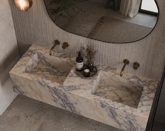 Lavabo doble de mármol Calacatta Viola: tocador de piedra flotante, lavabo de pared