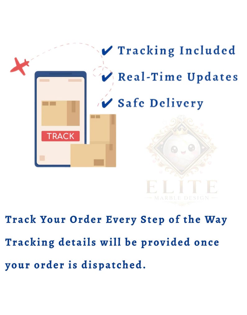 K&ouml;nnte beinhalten: Grafische Darstellung der Sendungsverfolgung. Ein Smartphone zeigt ein Paket und das Wort "TRACK". Der Text enth&auml;lt "Tracking Included", "Real-Time Updates" und "Safe Delivery". Der Text "Track Your Order Every Step of the Way" ist ebenfalls vorhanden.