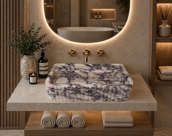 Lavabo de mármol Calacatta Viola con diseño acanalado a medida, lavabo de piedra personalizado, lavabo de tocador estriado a medida para baño, lavabo tallado a mano.