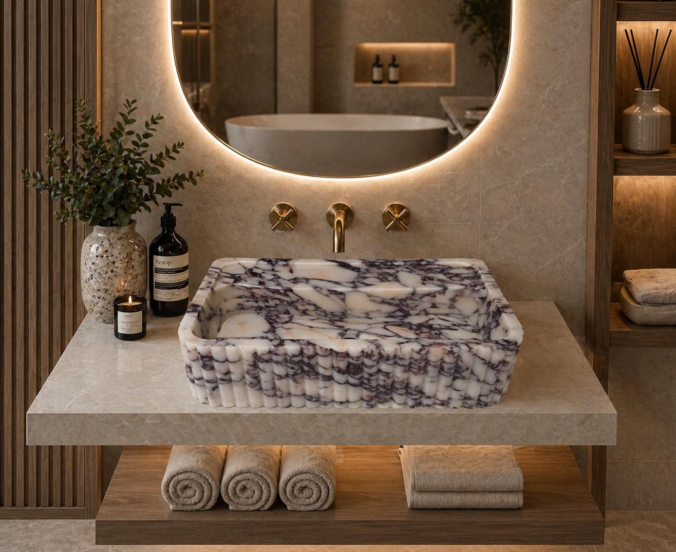 Custom Calacatta Viola Ribbed Design Marble Sink Bespoke Stone Basin ...