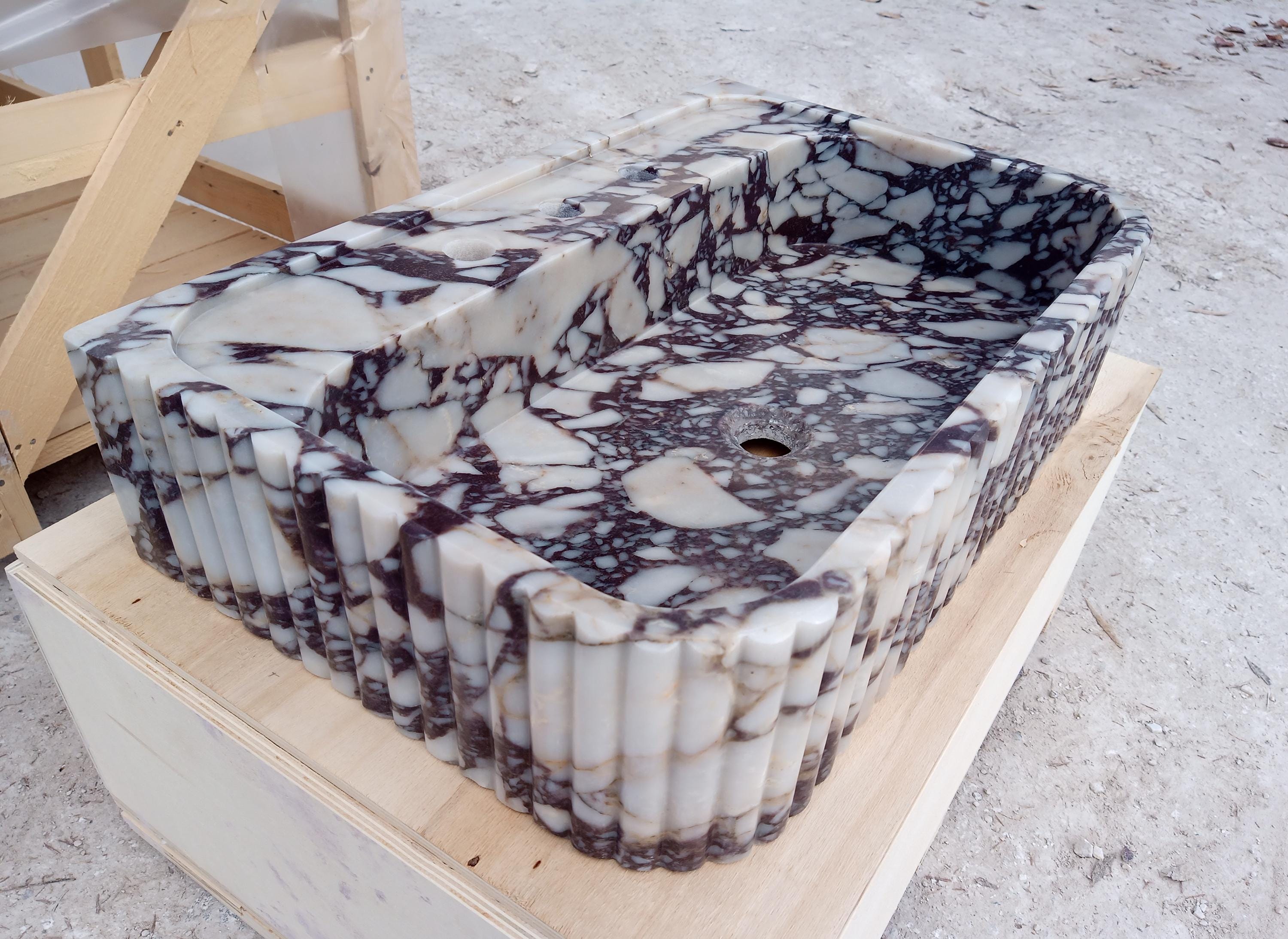 Custom Calacatta Viola Ribbed Design Marble Sink Bespoke Stone Basin ...