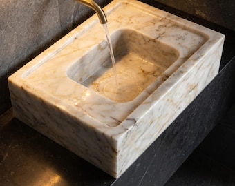 Lavabo de mármol Calacatta Gold de lujo hecho a mano, tamaño personalizado, sin nervaduras, lavabo de alta gama con espacio para jabón.