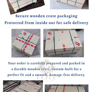 K&ouml;nnte beinhalten: Mehrere Ansichten einer Holzkiste, gesichert mit gr&uuml;nen Gurten und rotem Klebeband. Die Kiste ist mit Warnsymbolen versehen. Der Text lautet: "Sichere Holzkistenverpackung" und "Von innen nach au&szlig;en gesch&uuml;tzt f&uuml;r eine sichere Lieferung."