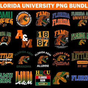 Puede incluir: Una colección de gráficos PNG con logotipos y texto relacionados con la Universidad A&M de Florida y la Universidad Agrícola y Mecánica de Florida. Los diseños incluyen el nombre de la universidad, la mascota Rattlers y frases como "Forever" y "Alumni".