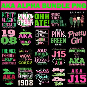 Könnte beinhalten: Ein schwarzes Grafikdesign mit rosa und grünen Textelementen, darunter Sätze wie "Pretty Black & Educated" und "Pink & Green For Me!" Das Design enthält auch den Text "AKA Alpha Bundle PNG."