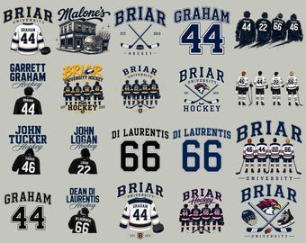 May include: A collection of digital graphic designs featuring Briar University hockey themes. The images include hockey jerseys with names like Graham, Logan, and Di Laurentis, player numbers, crossed hockey sticks, pucks, and team illustrations.
