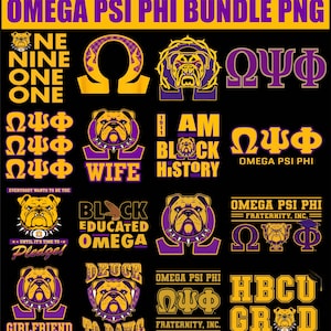 Puede incluir: Una colección de gráficos de la fraternidad Omega Psi Phi en púrpura y dorado sobre un fondo negro. Los diseños incluyen los símbolos de la fraternidad, mascotas de bulldog y frases como "I Am Black History" y "HBCU Grad."