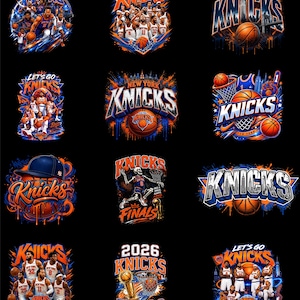 May include: A collection of twelve graphic designs featuring the New York Knicks basketball team. The images include basketball players in orange and blue uniforms, basketballs, hoops, city skylines, and text such as Let's Go Knicks and 2026 Finals.
