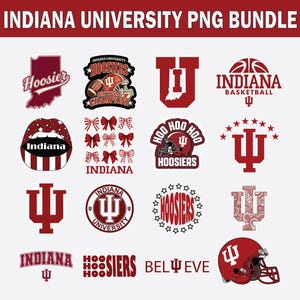 May include: A collection of maroon and white Indiana University PNG graphics. Designs include the state outline, the word "Hoosiers", a football helmet, the letter "U", a basketball, lips, bows, and the word "Indiana".