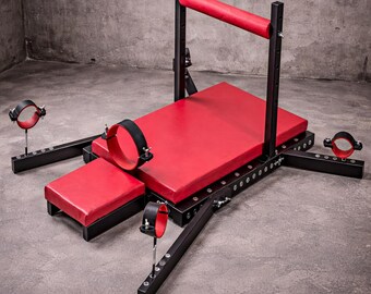 Adjustable Metal Bondage Bed with Collar & Cuffs • BDSM Restraint Furniture SF-C07 • Red Black Fetish Frame • Adult Roleplay Equipment