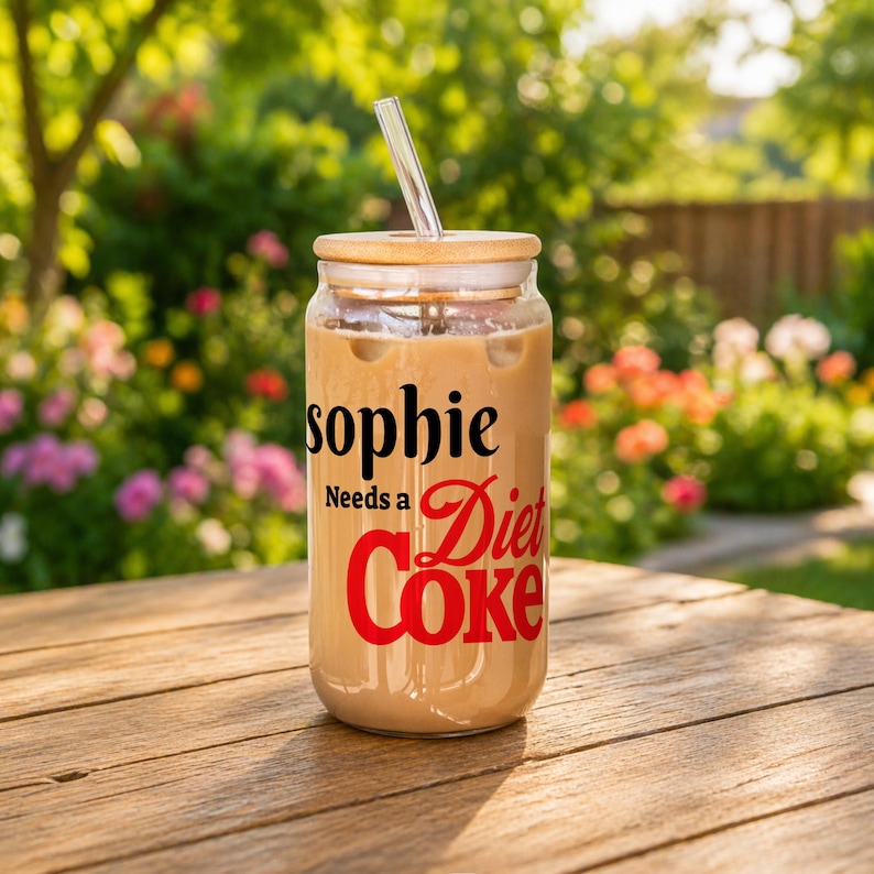 May include: A glass beverage container filled with a light brown liquid, ice, and a clear straw. The container has a wooden lid and features the text "sophie Needs a Diet Coke" in black and red. The glass sits on a wooden surface.