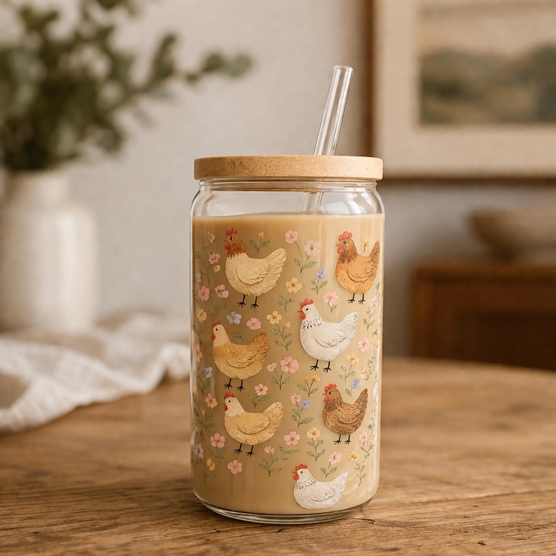 Puede incluir: Un vaso de vidrio con tapa de madera y pajita transparente. El vaso est&aacute; decorado con ilustraciones de gallinas y peque&ntilde;as flores. El vaso est&aacute; lleno de un l&iacute;quido marr&oacute;n claro.