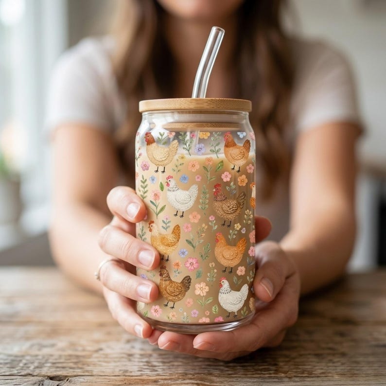 Puede incluir: Un vaso de vidrio transparente con tapa de bamb&uacute; y pajita transparente. El vaso est&aacute; decorado con un estampado de gallinas y flores de varios colores. El vaso est&aacute; sostenido por una persona.