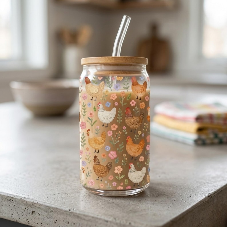 Puede incluir: Un vaso transparente con tapa de bamb&uacute; y pajita transparente. La taza est&aacute; decorada con un estampado de gallinas, flores y follaje en tonos marr&oacute;n, rosa y verde. La taza est&aacute; llena de un l&iacute;quido marr&oacute;n claro.