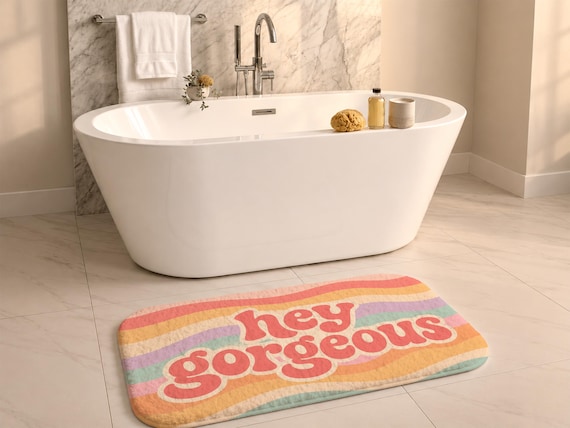 Hey Gorgeous Bath Mat, Funny Cute Bathroom Rugs, Rainbow Rug, Shower Funny Bathroom Decor, Fun Cute Bath Mat, Non-Slip Washable Bath Mat